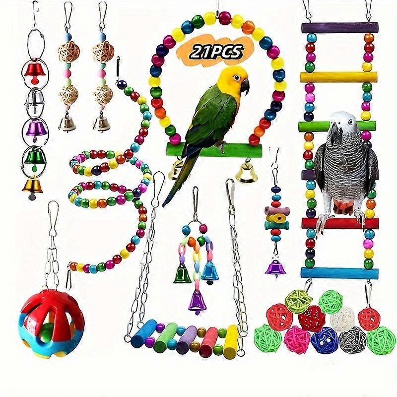 21pcs Bird Swing Toy Set - Durable Chewing & Hanging Fun - Perfect for Small Parakeets to Macaws - Colorful Rattan Climbing Ladders & Gnawing Balls