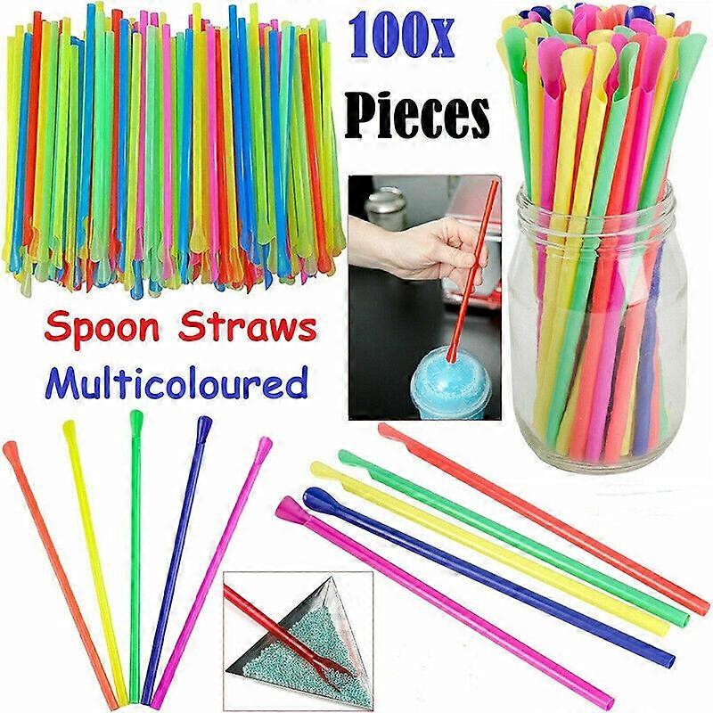 100pcs Plastic Spoon Drinking Straws Stirring Coffee Spoon for Milkshake