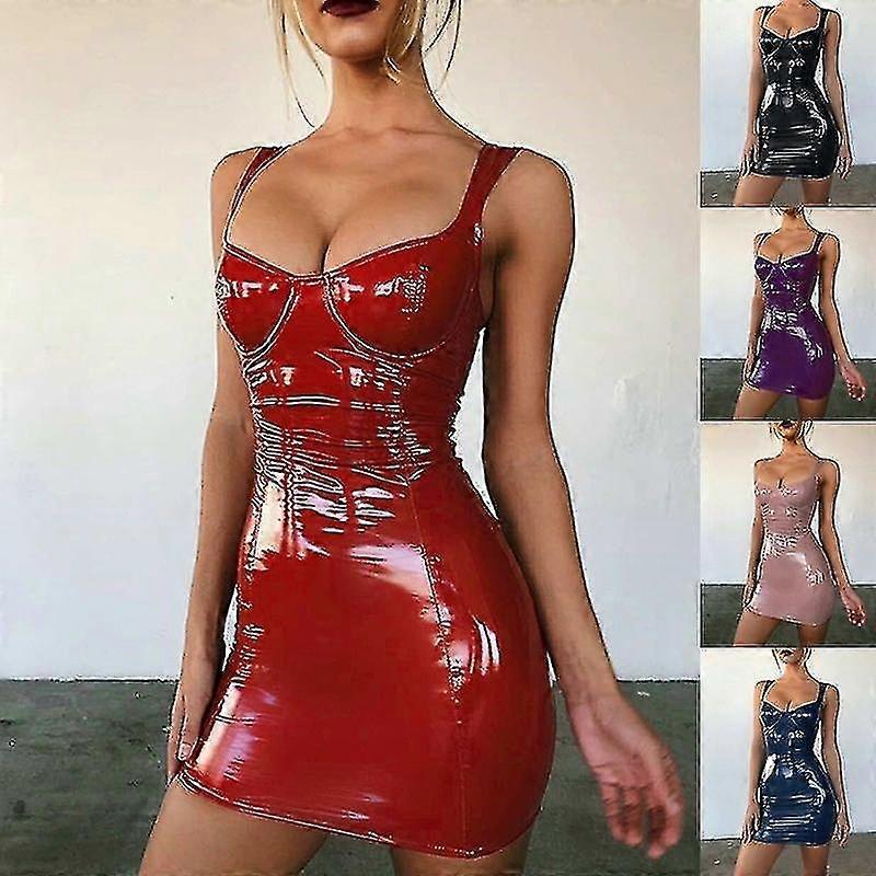 Womens Artificial Leather Shiny Shiny Wrap Chest Sling Waist Thin Pu Leather Sling Dress Zekai VCNMR