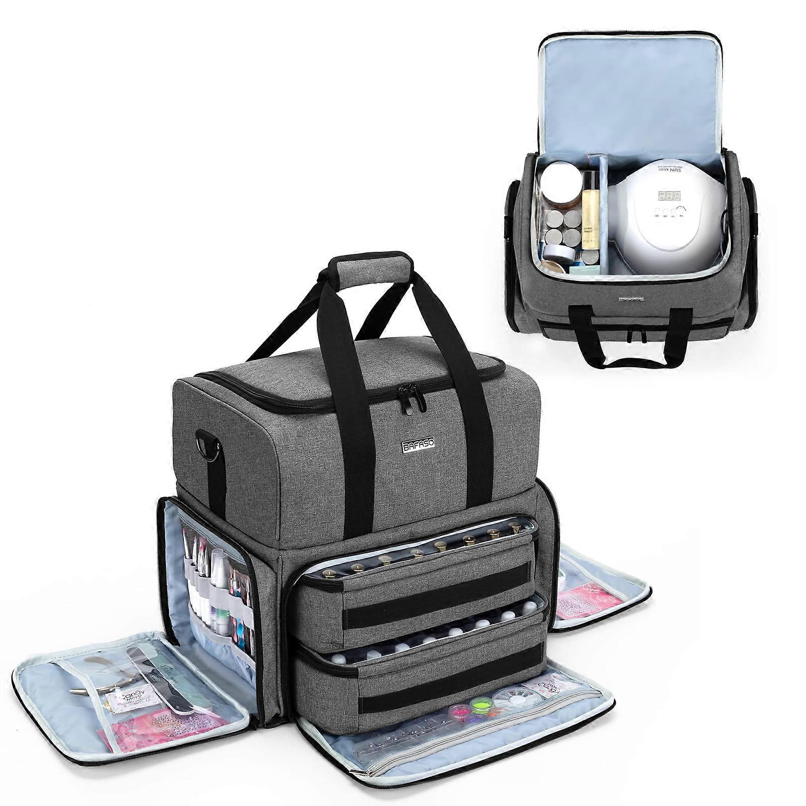 Double Layer Nail Polish Organizer Holds 80 Bottles (15ml - 0.5 fl.oz) and a UV Nail Lamp, Nail Polish Case with 2 Removable Pouches and Manicure Tool