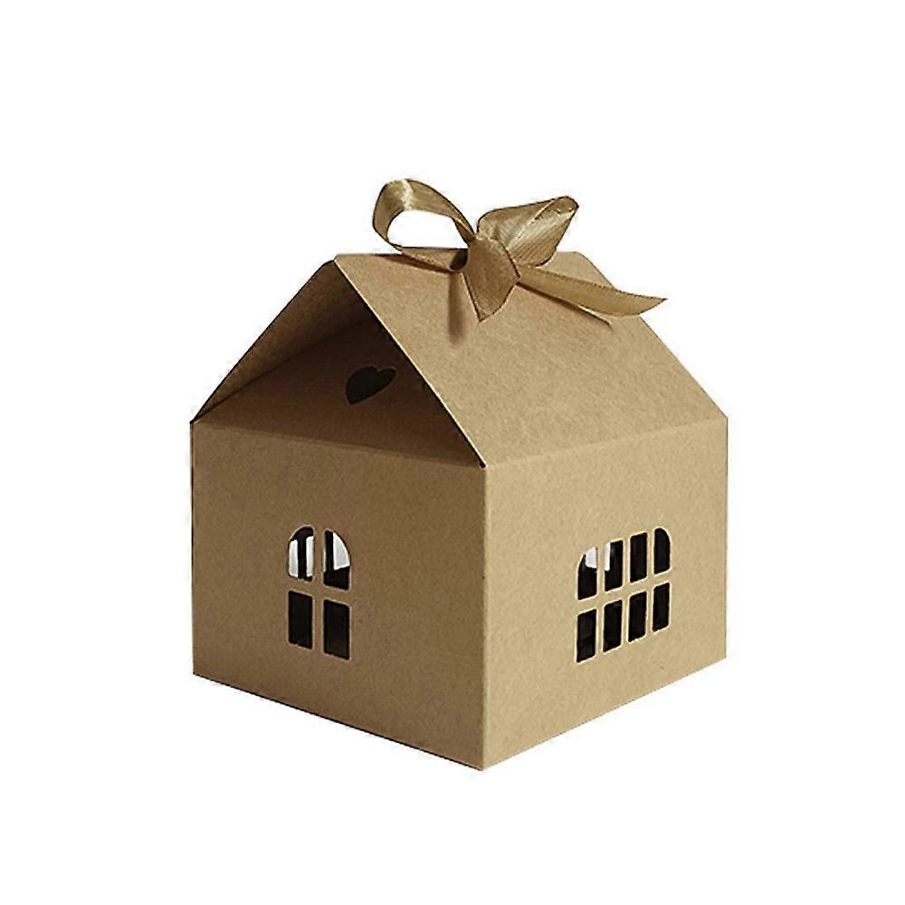 House Shaped Kraft Paper Folding Gift Box with Hollow Window and Ribbon Tan 12.5x12.5x13.5cm