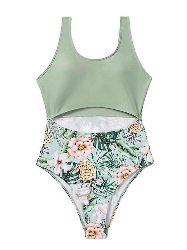 Women's Swimwear One Piece Normal Swimsuit Printing Floral Purple Green Bodysuit Bathing Suits Sports Beach Wear Summer