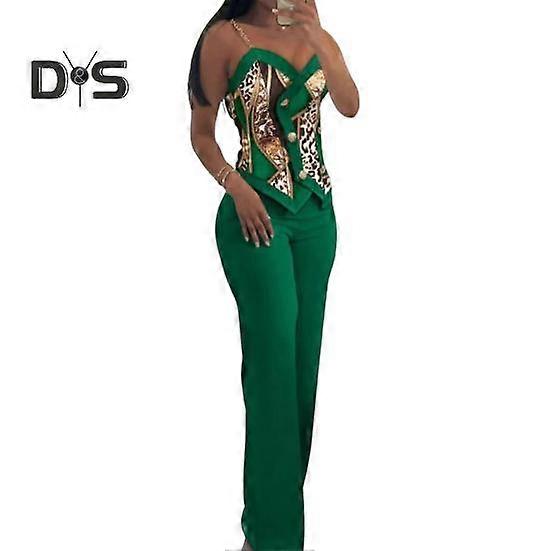 2 Pcs/Set Women Top Pants Suit Chain Strap Off Shoulder Button Decor Color Matching V Neck Backless Sleeveless Slim Fit Straight Wide Leg OL Commute