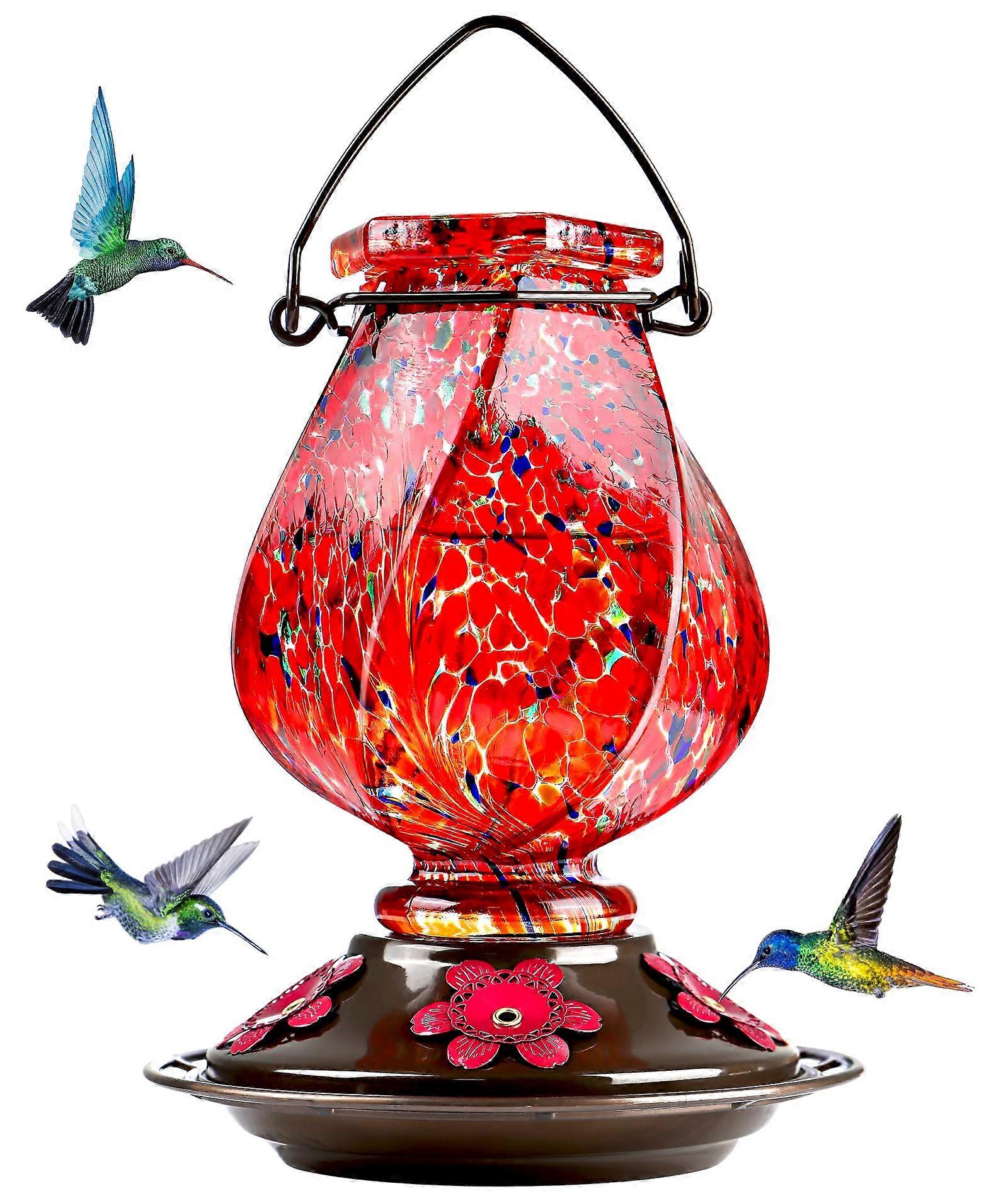 Hand Blown Glass Red Hummingbird Feeder 22 Ounce for Outdoor Use with Perch and Durable Design