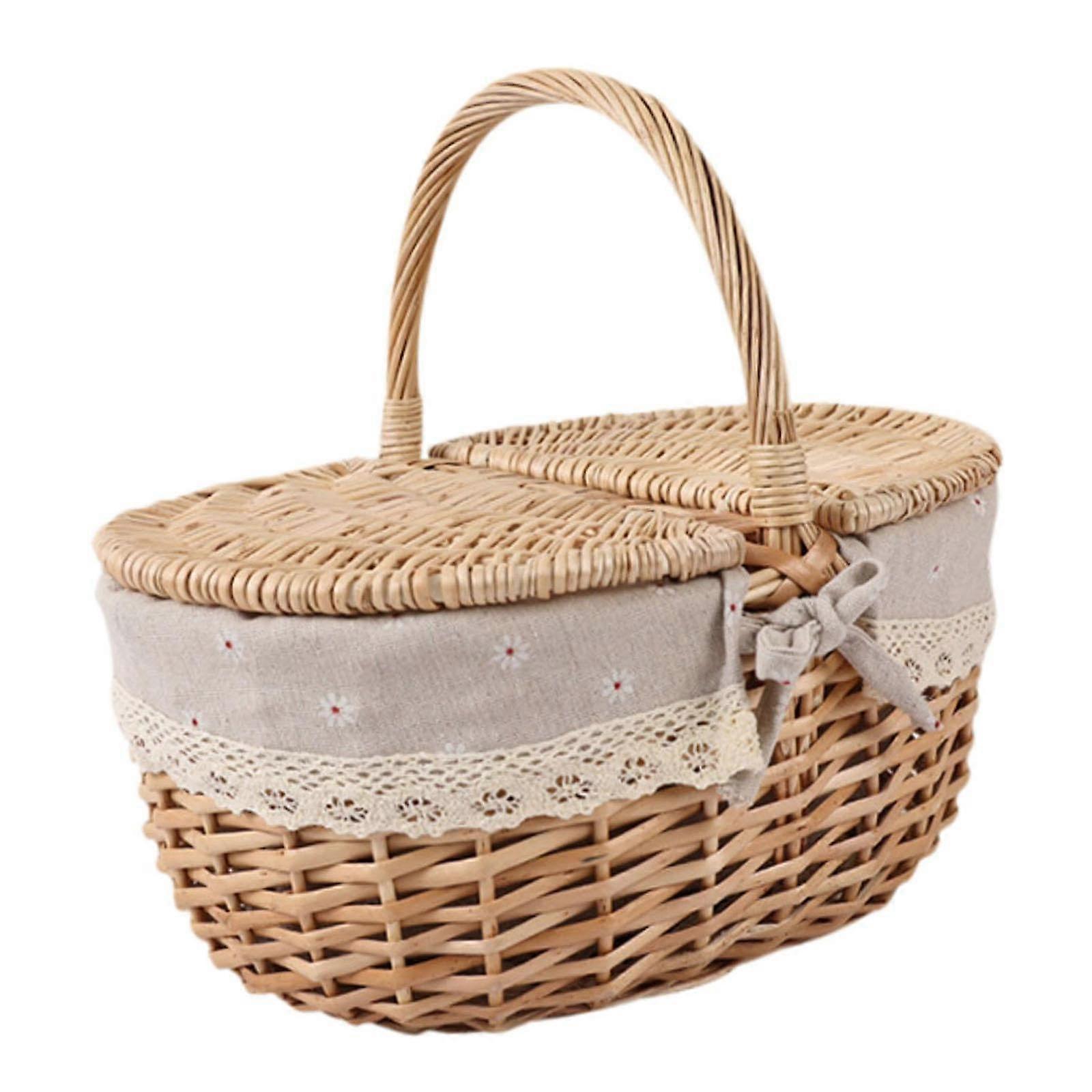 Wicker Picnic Basket,Rattan Storage,Serving Basket with Lid and Handle,Wicker,Woven Basket for Park Parties Hiking,Wedding, beige gray, Large
