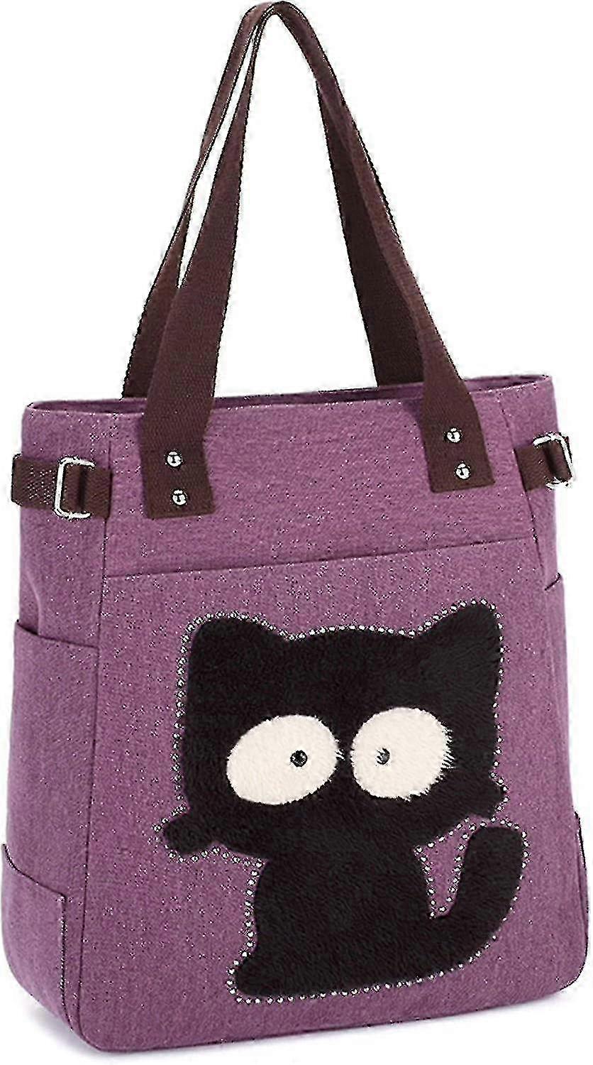 Multifunction Canvas Tote Bag with Zipper Cute Cat Design for Shoulder or Lunch Use