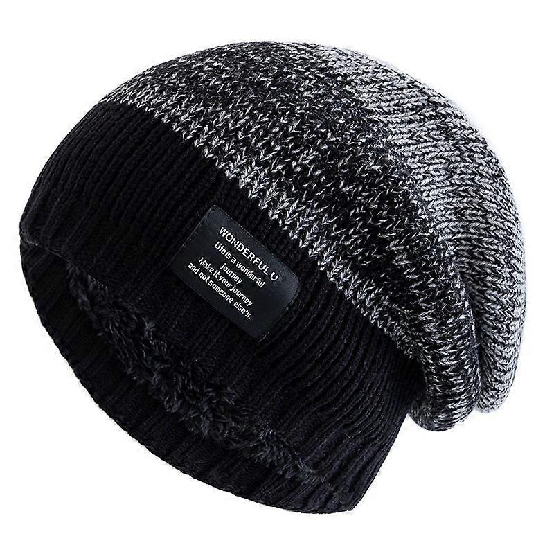 Unisex Winter Knitted Hat with Warm Plush Lining for Men and Women Color Mixing Beanie with Decorative Label