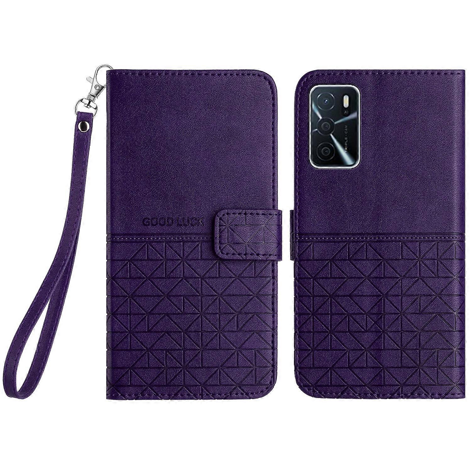 Rhombic Texture Leather Phone Case with Lanyard