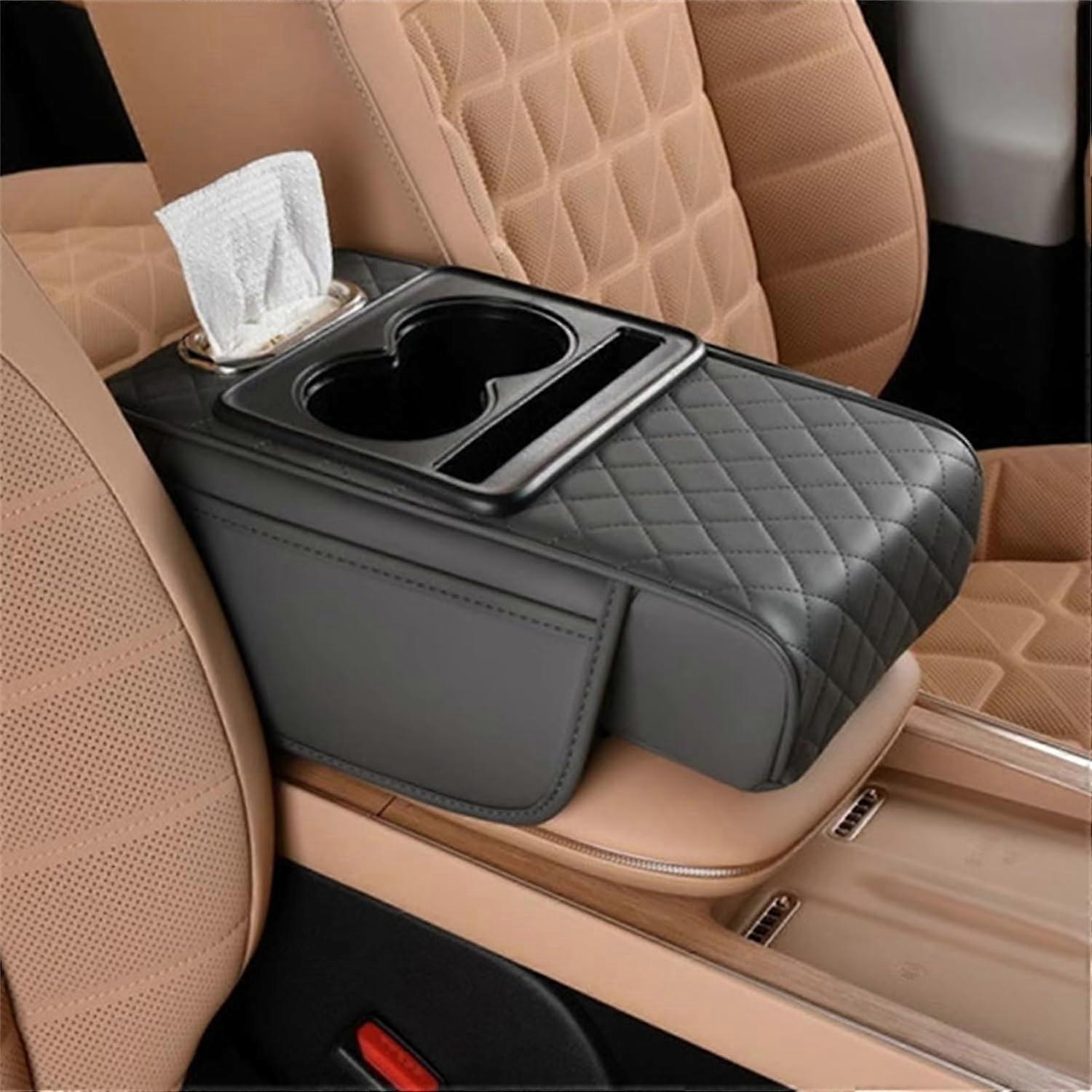 Integrated Pressurized Multifunctional Car Armrest Console Pad with Height Adjustment and 2 Cup Holders for Enhanced Comfort