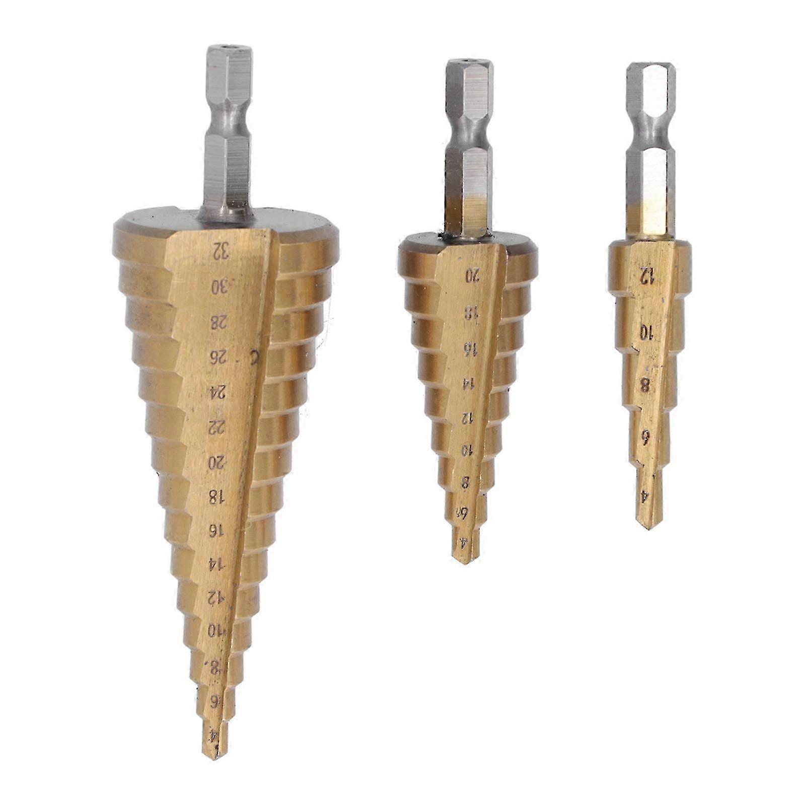 3Pcs Hex Shank Step Drill Bit High Speed Steel Smoother Sturdy Durable Titanium Coated Step Drill Bit Set