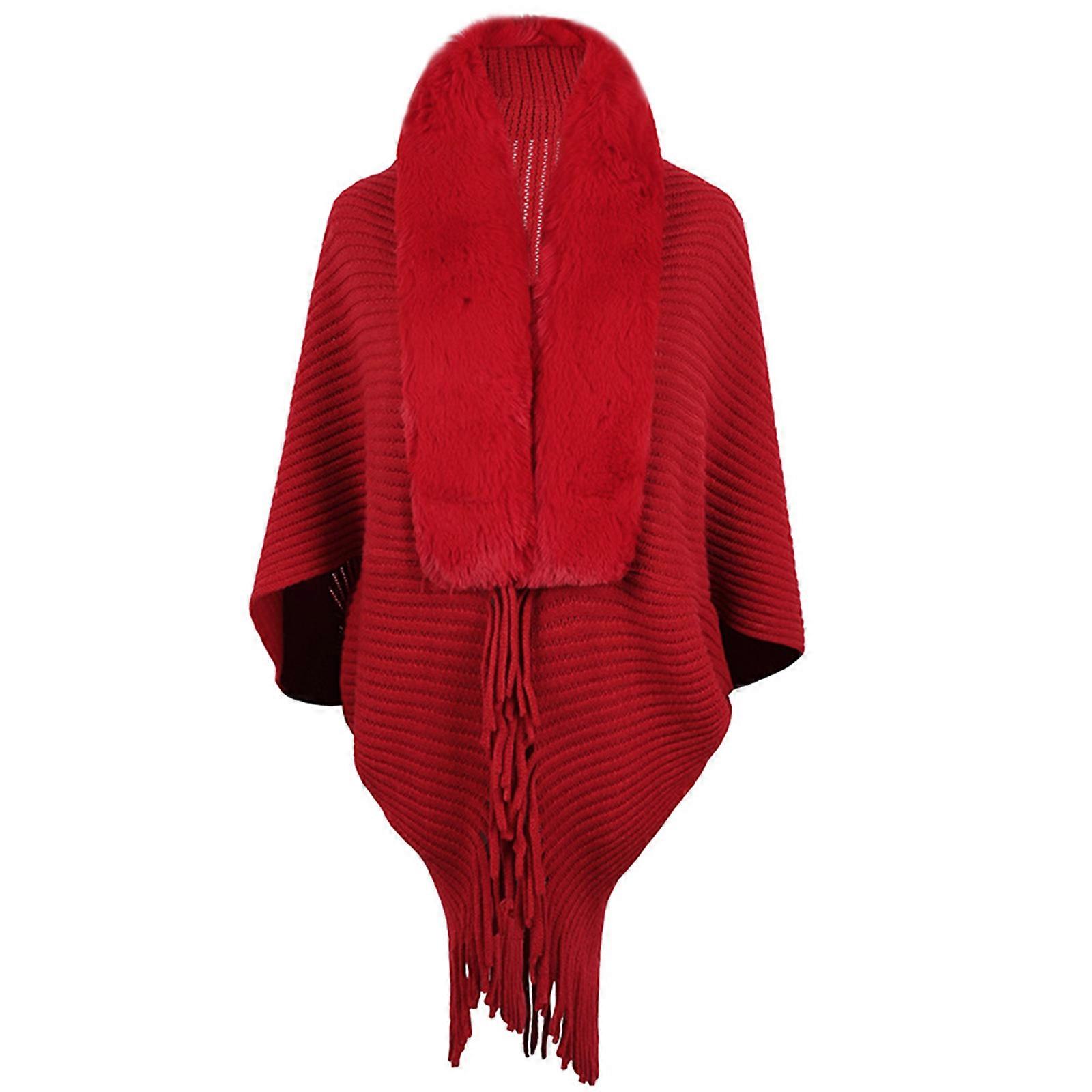 Gilet cardigan en maille à manches chauve-souris pour femme, orné de fausse fourrure, style ample et décontracté, ouvert sur le devant, rouge, longueur
