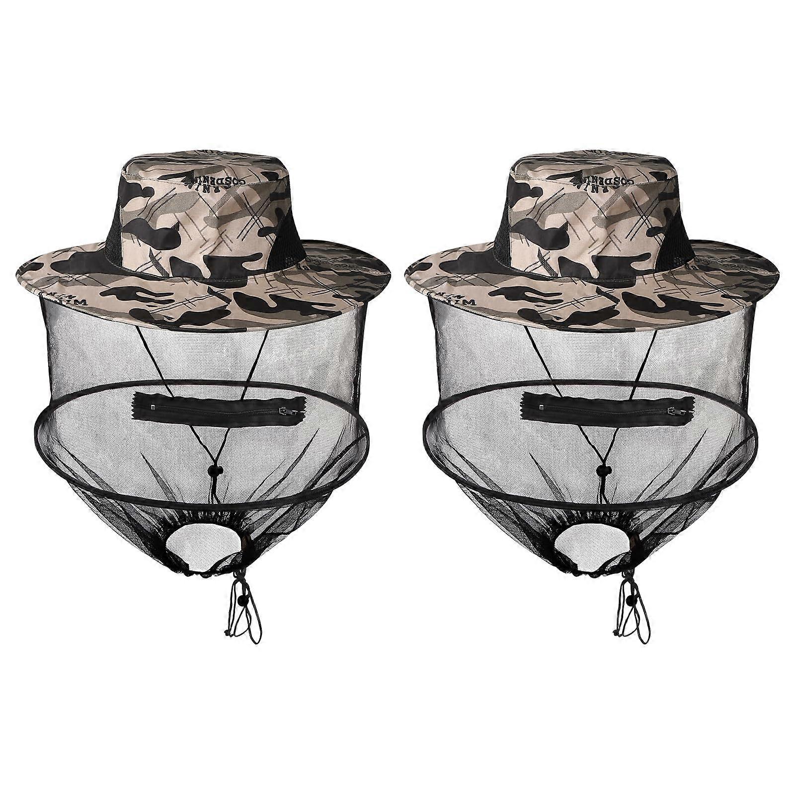 Beekeeper Hat, Pack of 2 Mosquito Net Hat, Compact Sun Foldable, Hat with Removable Net, Quick Dry (Grey Camouflage)