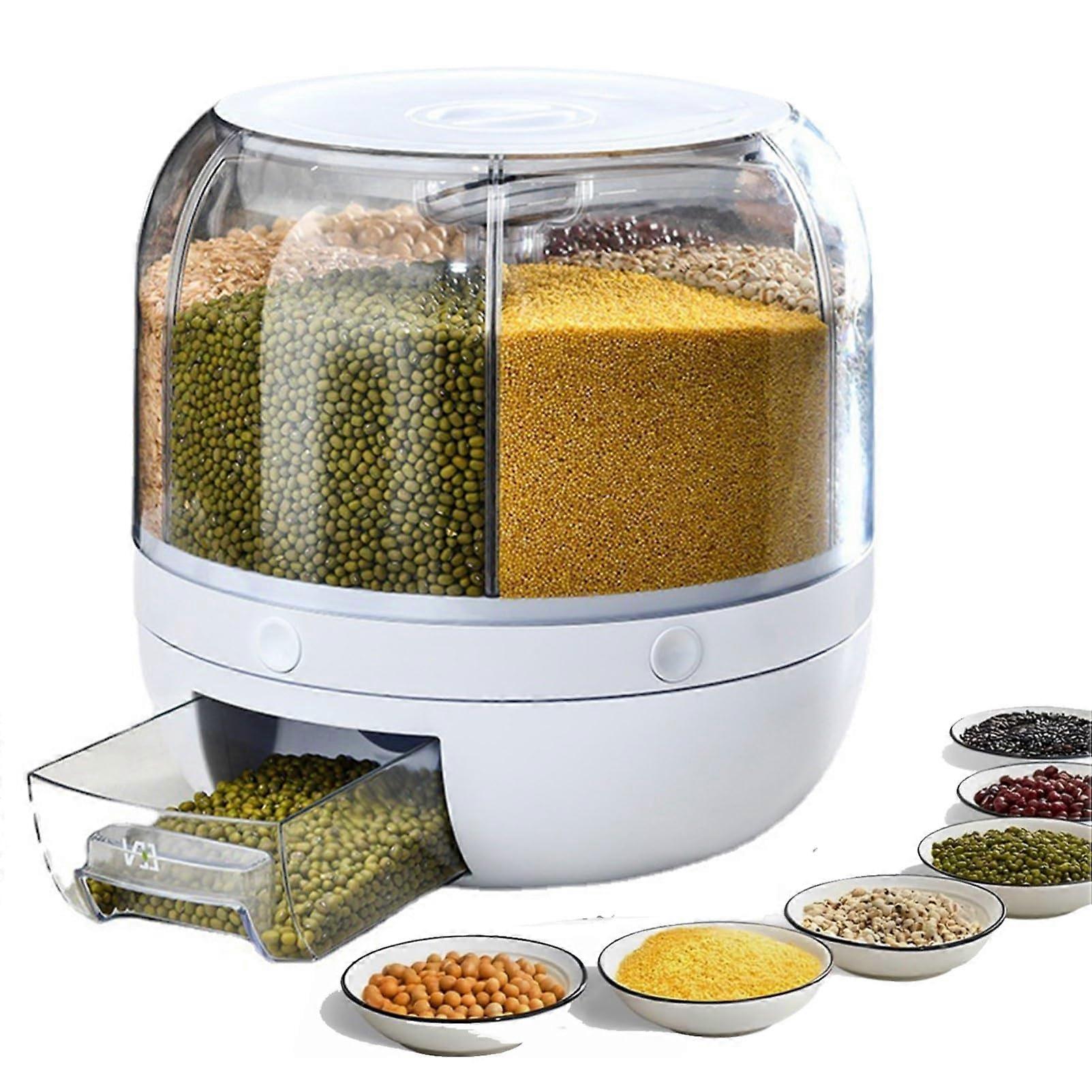 Rice Dispenser, 6 Grids, 360° Rotating, Food 13 Container, lbs/22 lbs Capacity 6Kg/13Lbs White