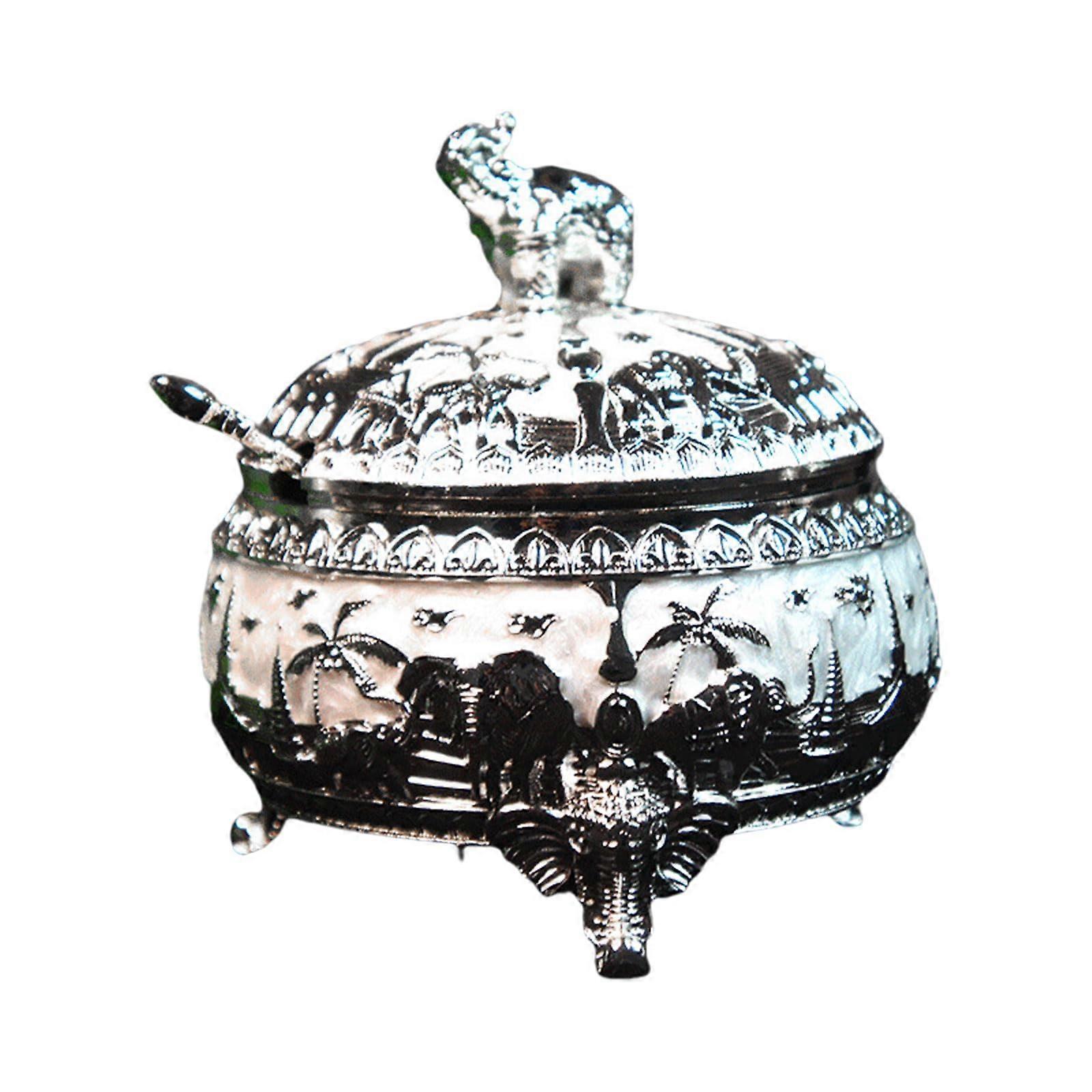 Elephant Shaped Sugar Dispenser with Spoon, Alloy Material, Silver White, Kitchen Accessory for Sugar and Candy Storage
