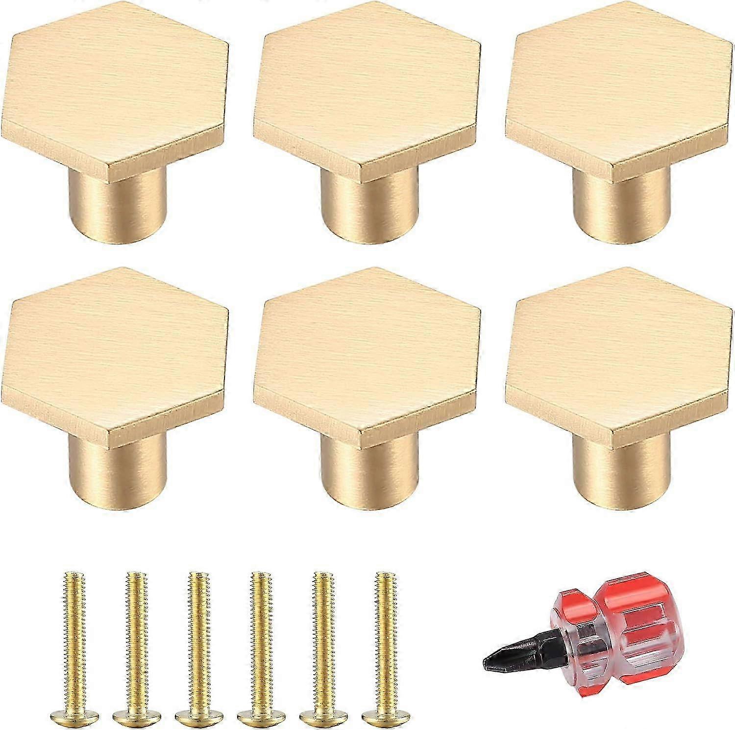 6 Pieces Door Knobs, Brass Cabinet Knobs, Gold Cabinet Knobs, Hexagonal Single Hole Handle for Kitchen, Office, Cupboard