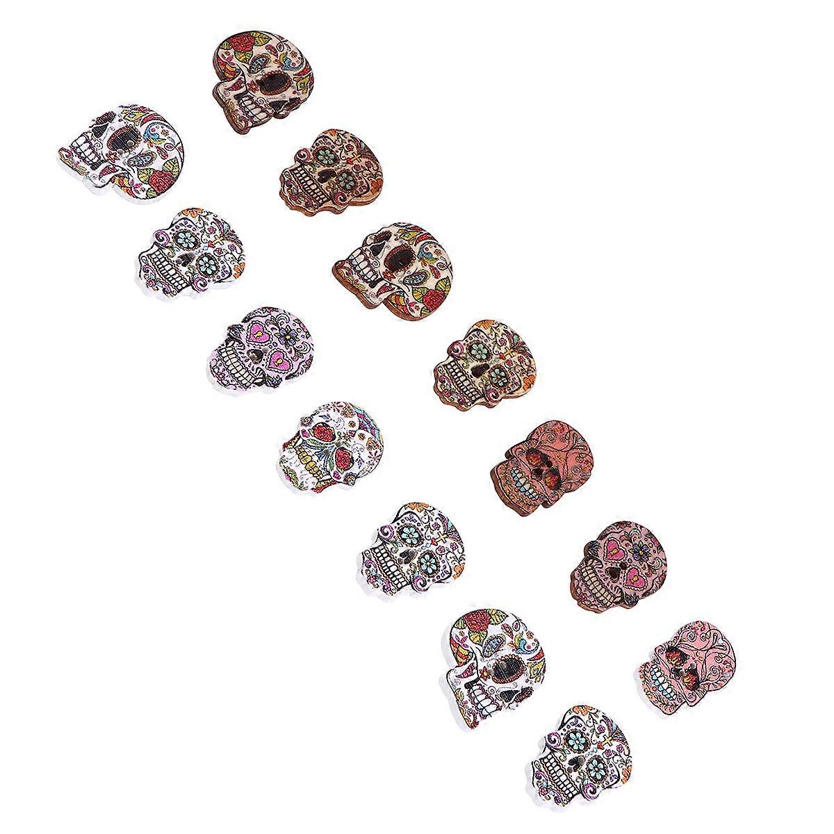 Natural Wooden Skull Buttons 48pcs Hand Painted Craft & Sewing Accessories for Halloween Decorations and Clothing Durable DIY Decorative Buttons