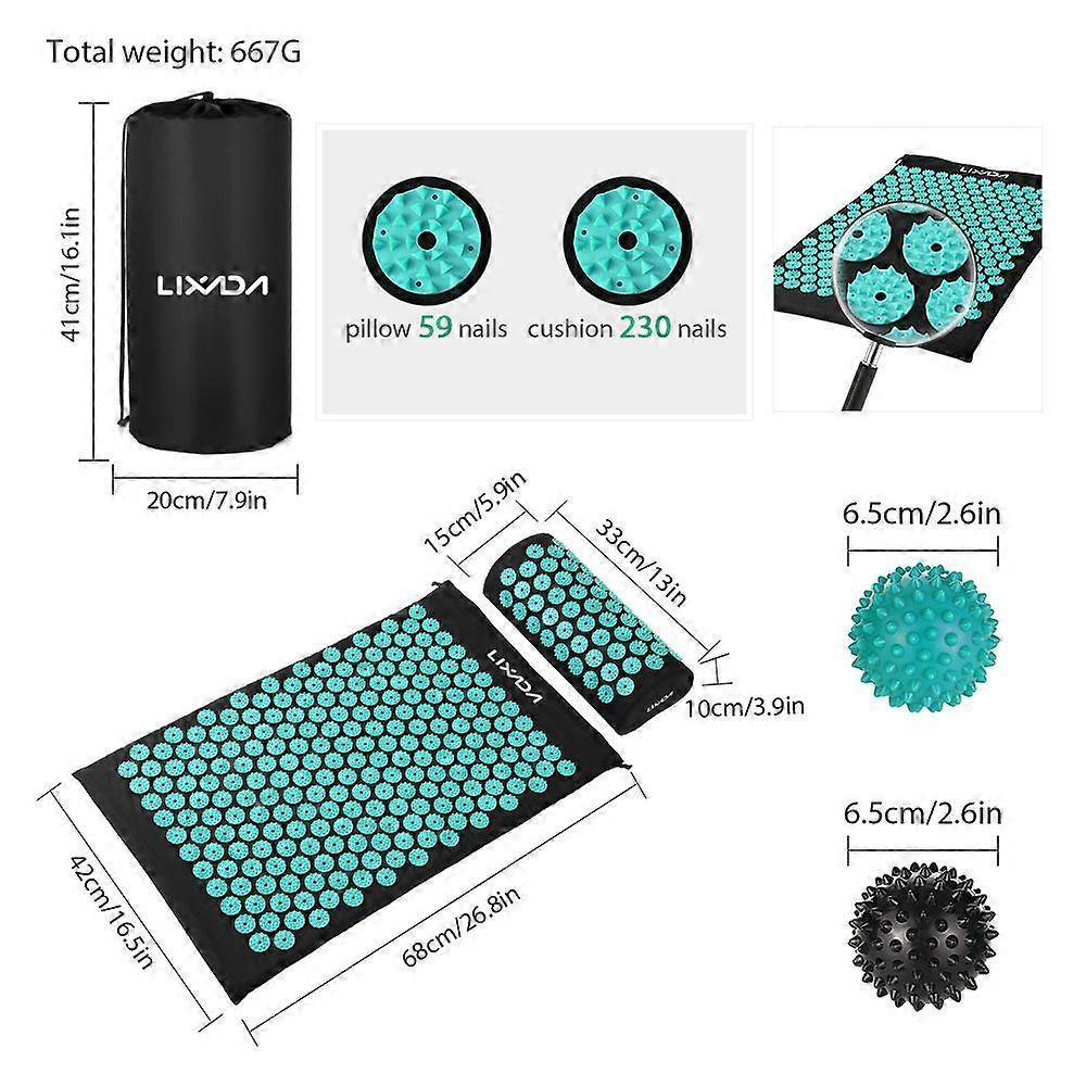 Lixada Acupressure Mat and Pillow Set with Spiky Massage Balls Carry Bag for Back Pain Relief and Muscle Relaxation Home Office Hotel