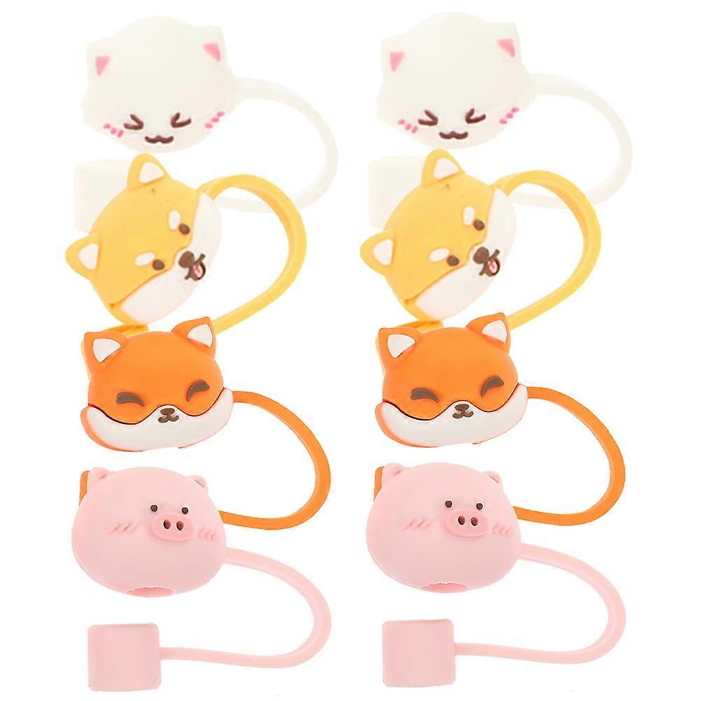 8Pcs Cartoon Animal Design Reusable Drinking Straw Caps For Children Family Gatherings Assorted -Resistant