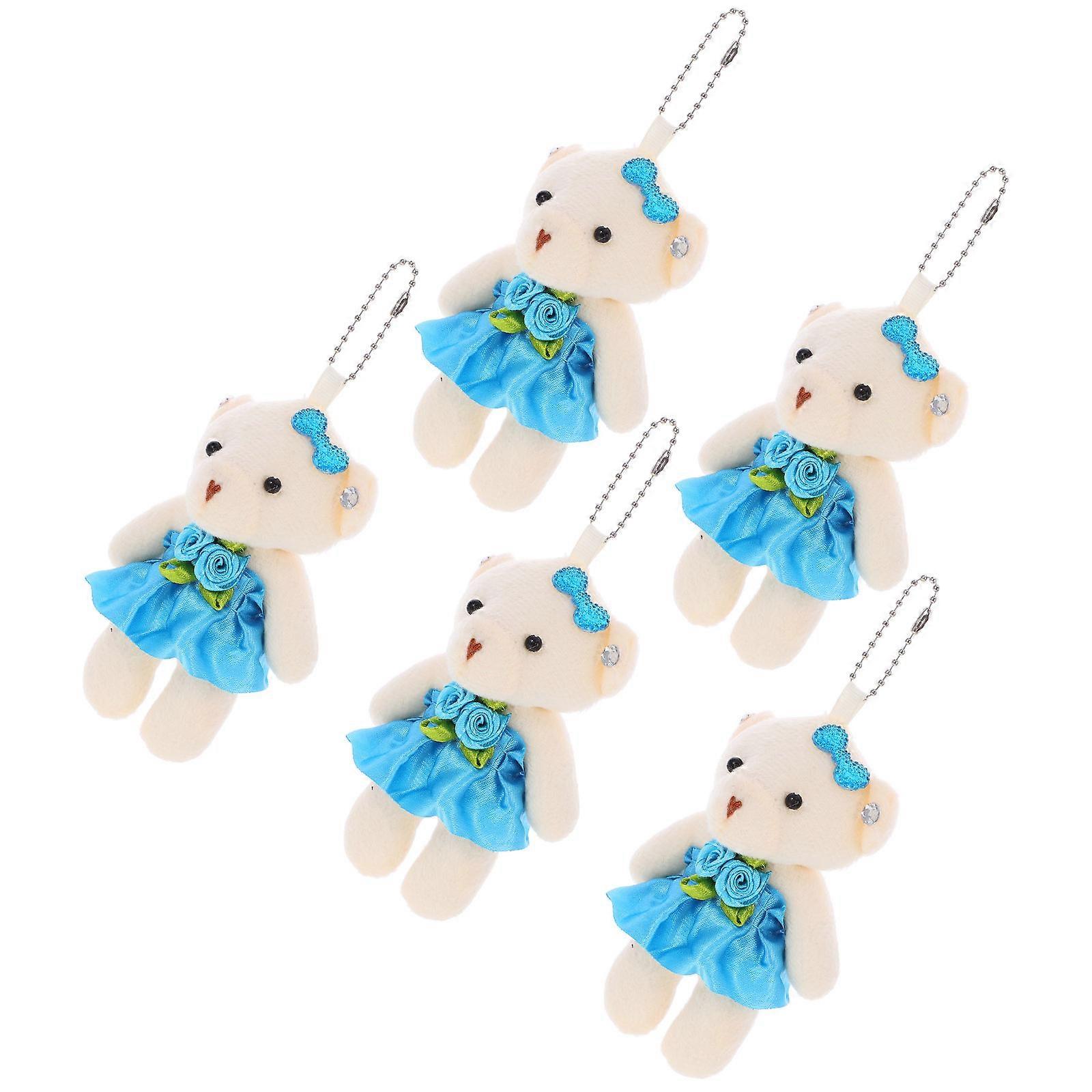 5pcs Mini Stuffed Bear Dolls with Hanging Chains – Durable Tiny Plush Bears for Wedding Bouquets, DIY Keychains, and Accessories – Soft Blue Skirt