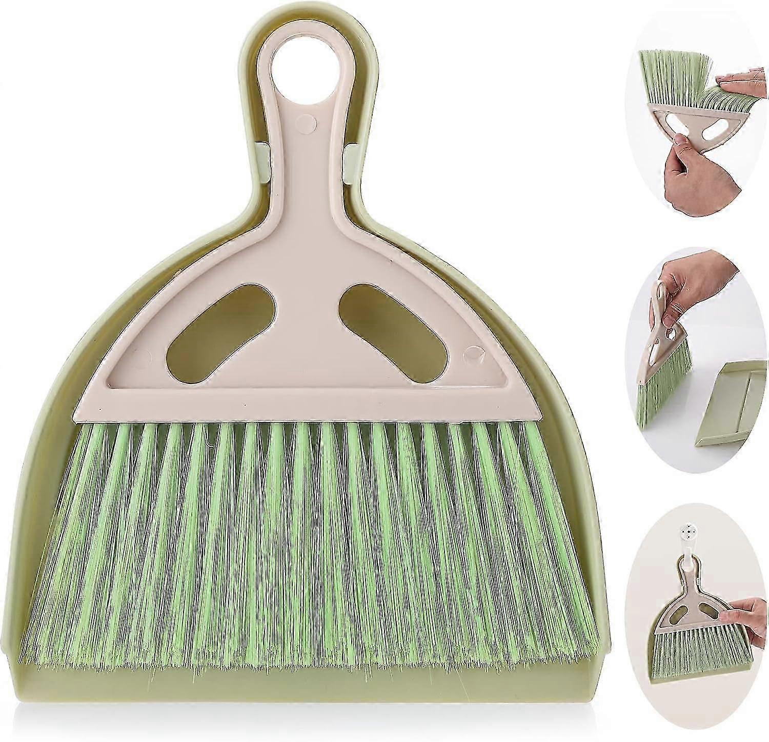 Small Broom and Dustpan Cleaning Set, Mini Broom Dustpan and Brush with Handle Portable Tool (Green)