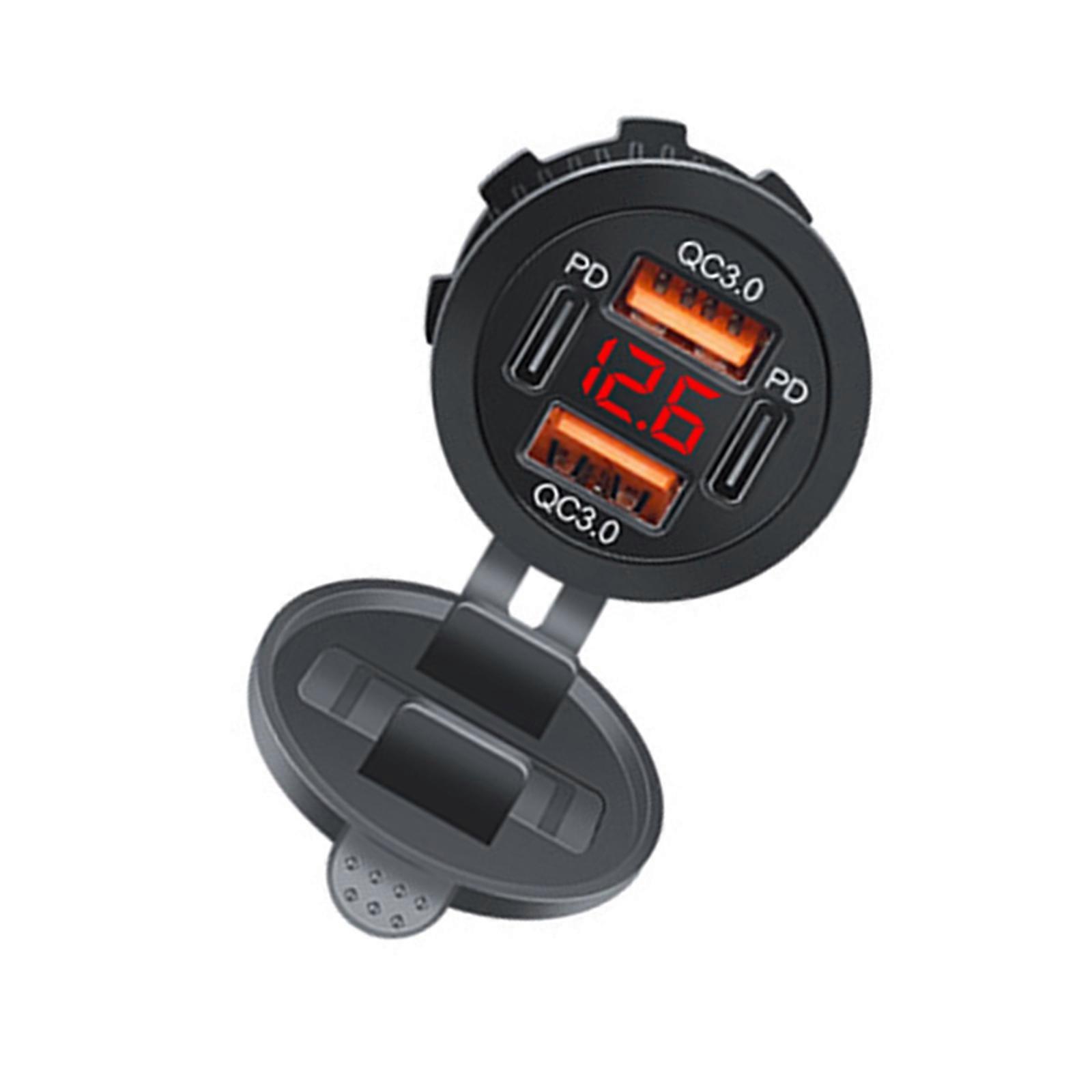 Car USB Charging Socket Outlet Double QC3.0+Double PD Type-C Outlet USB Power Outlet with Voltmeter USB Port for Marine  Red