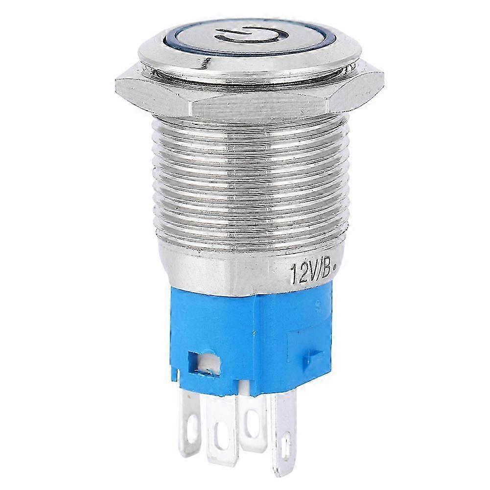 Blue LED Flat Round Head Self Reset Metal Push Button Ring with Power Symbol 16mm(12V)