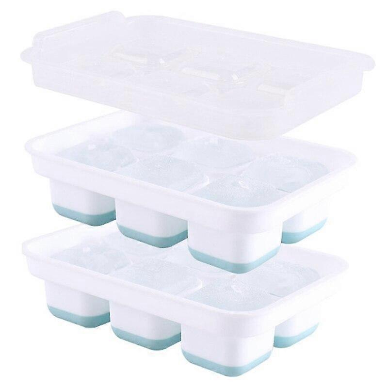 Ice Ball Mould 6 Grid Square Ice Lattice Silicone Ice Cube Trays Set of 2 with Cover(20*13.5*5.4cm)