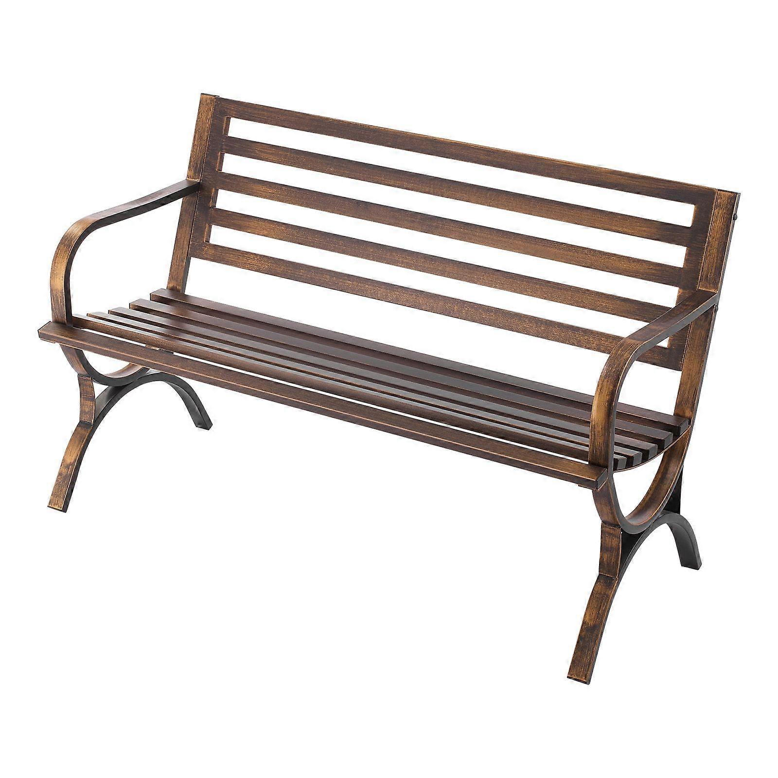 Outdoor Bench, 127 cm, Carbon Steel Metal Frame with Slatted Pattern Backrest and Round Edge Armrests, Weatherproof