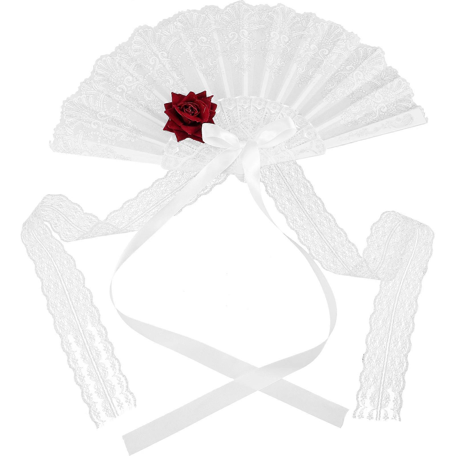Rose Lace Folding Fans Handheld Chinese Folding Fan for Office Decoration White Plastic Folding 1Pack