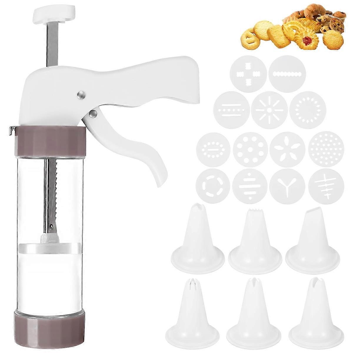 Ghojet Cookie Press Set, 20-Piece Kit with 13 Cookie Discs 6 Icing Nozzles Cake Decorating Tools,for DIY Biscuit Maker and Decoration(White)