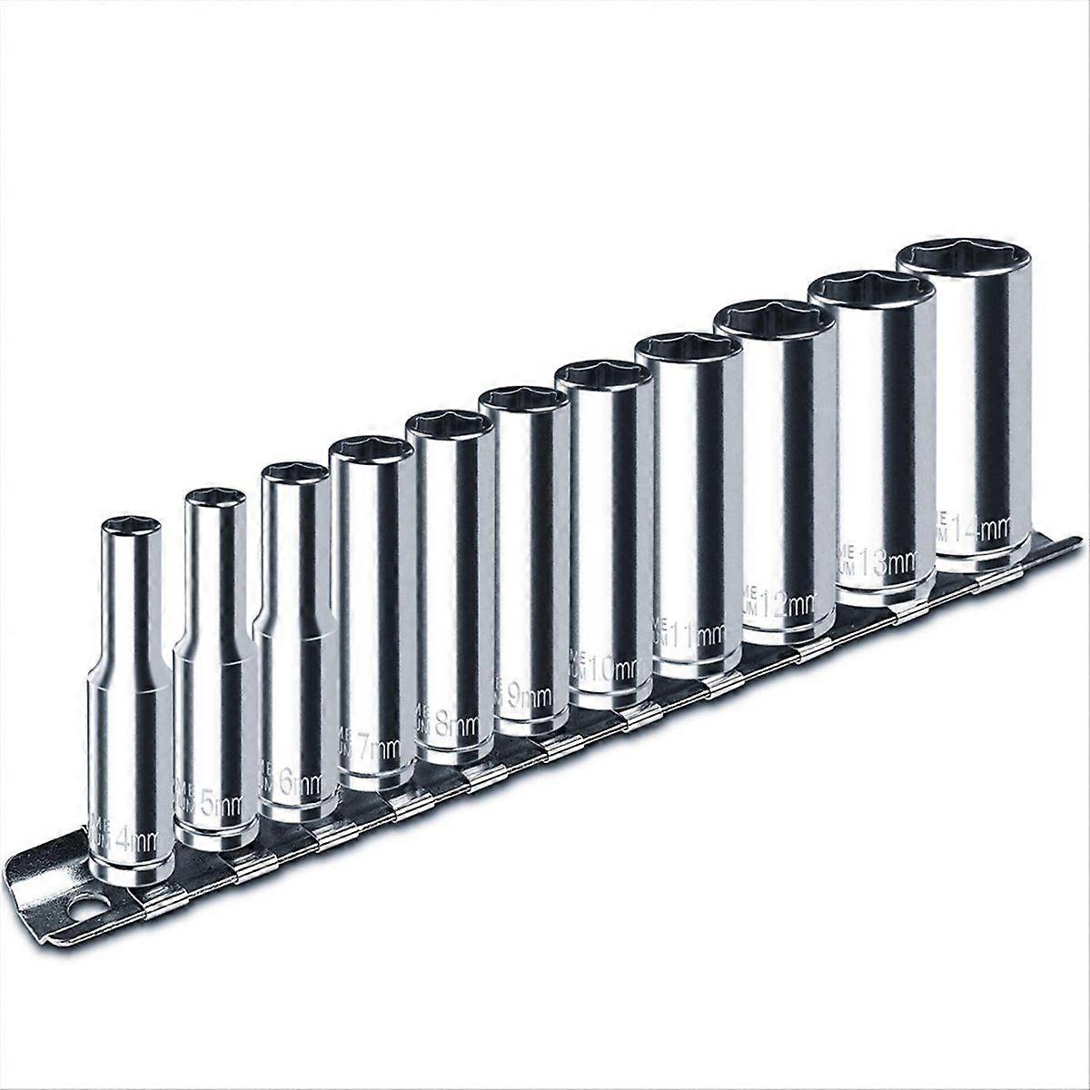1/4inch Drive Deep Socket Set, 11PCS Metric Size Socket Set (4mm-14mm), 6-Point Design, Equipped wi