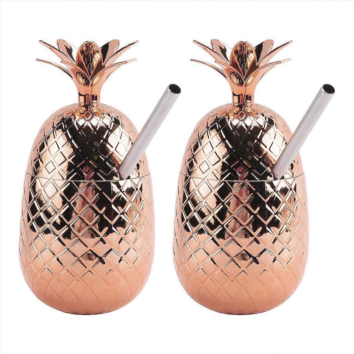 2Pc Pineapples Drink Cups, 450Ml Copper Pineapples Tumbler with Straw