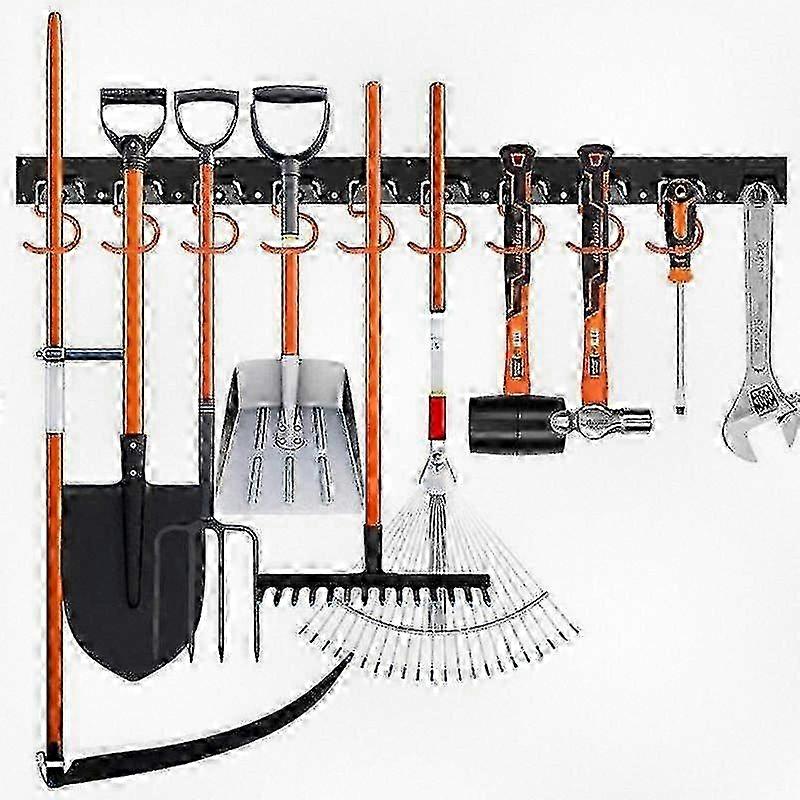 Wall Mounted Tool Organizer with Hooks for Garage Closet or Shed - Space Saving Rack for Shovel Rake and Garden Tools