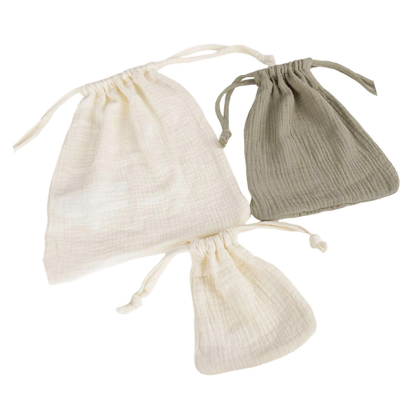 Cotton Crepe Storage Pouches with Secure Drawstring Design Baby Product Organizer 3pcs for Infant Accessories & Home Multicolor