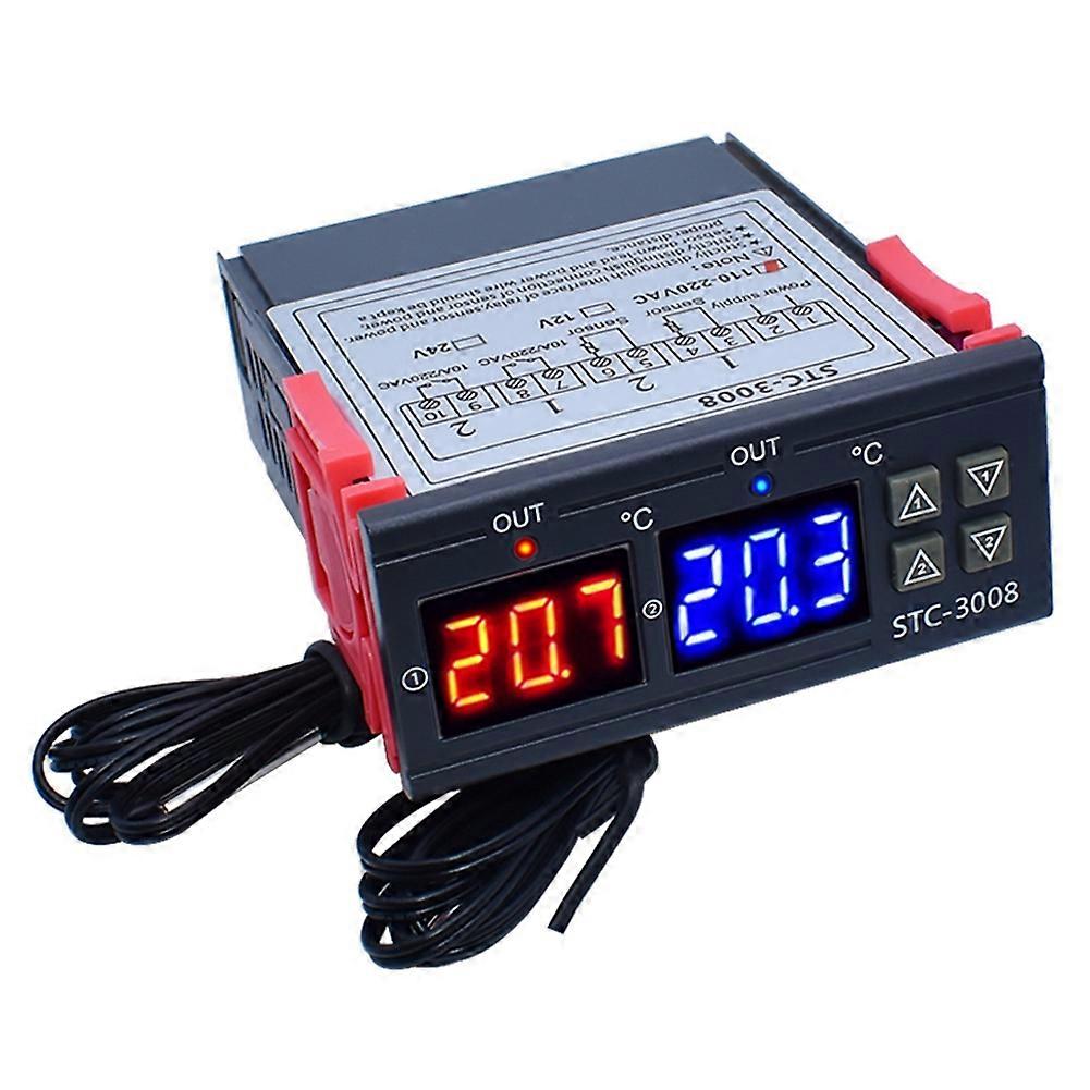 Dual Digital STC-3008 Temperature Controller Two Relay Output Thermostat Heater with Probe Temperature Controller,B