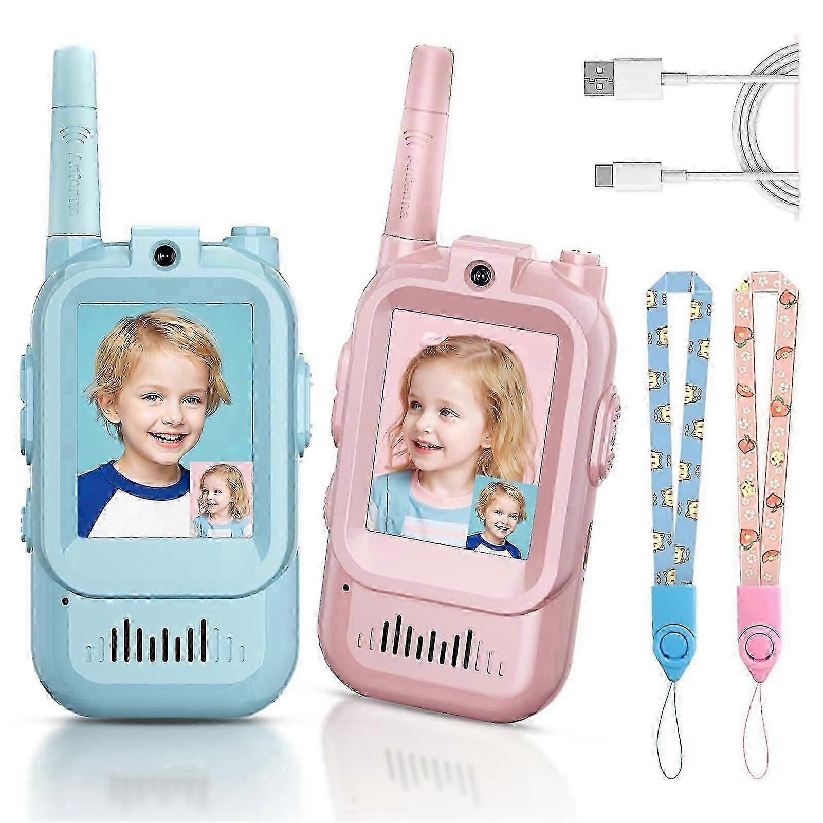 Video walkie-talkier for barn, 2-pakning håndholdt oppladbar videointercom med videokamera, stemmeveksler, 1,5 km rekkevidde, for gutter og jenter, gave