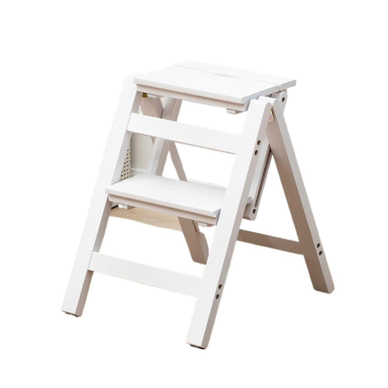 Folding Step Stool Solid Wood 2 Step Ladder Chair with Hidden Storage for Home Use White