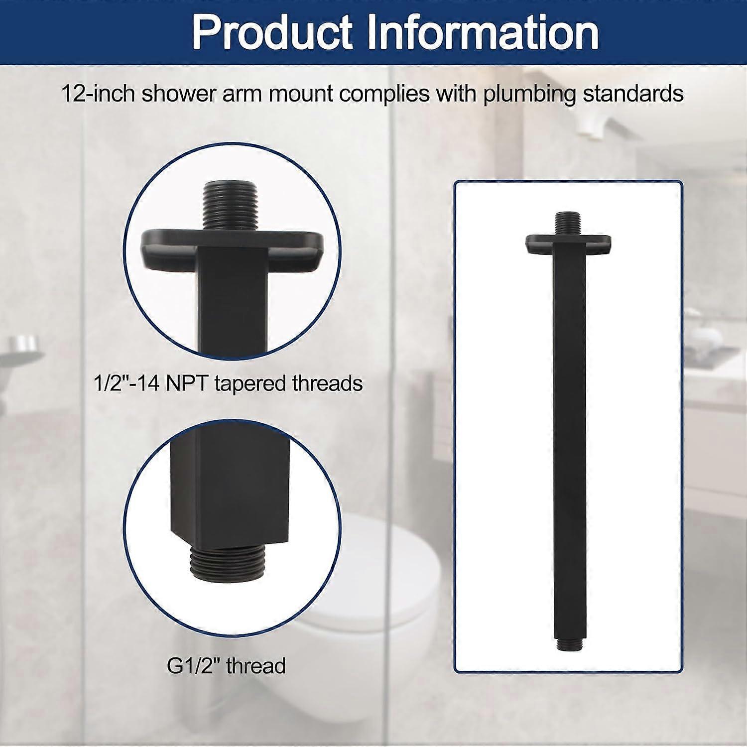 12 Inch Ceiling Shower Arm Matte Black, Square Ceiling Mount with Flange, Durable Steel