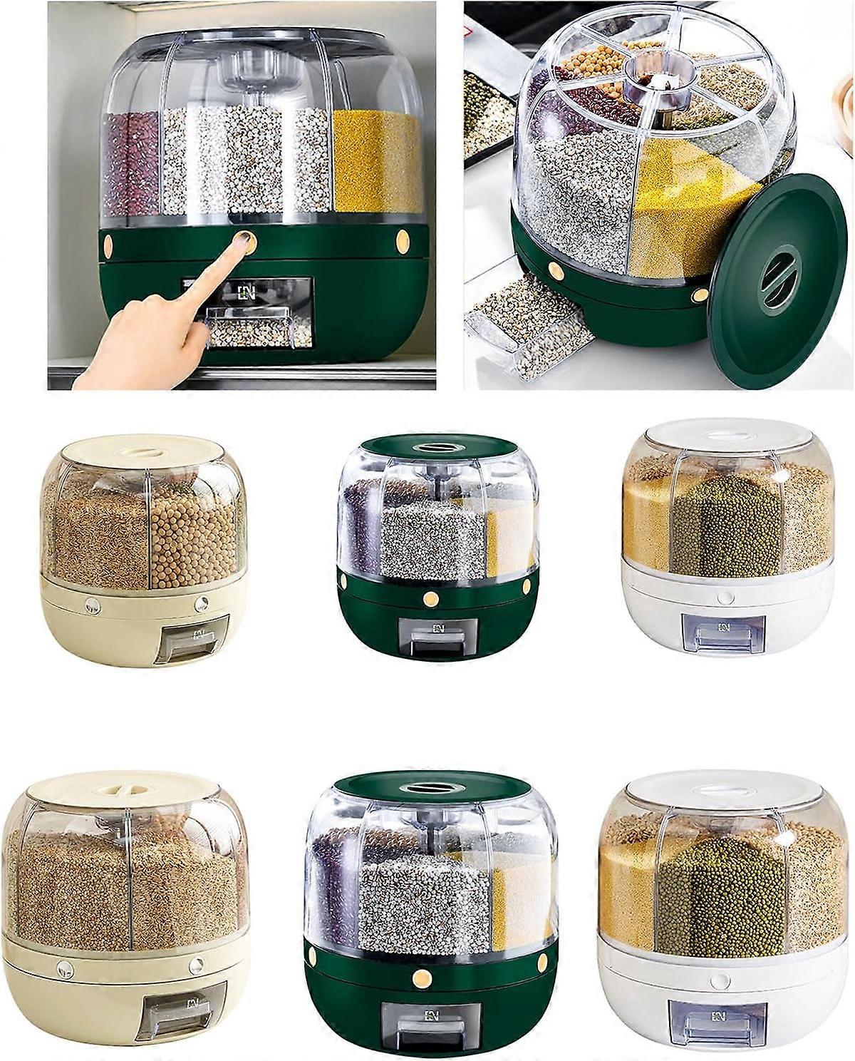 Rotating Rice Storage Container with 6 Removable Compartments, Airtight Multi Grain Dispenser