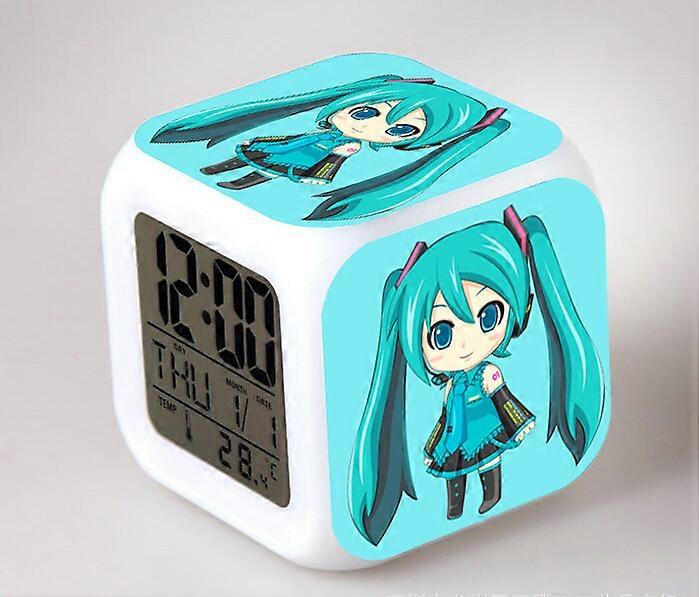 Hatsune Miku themed mini alarm clock with LED screen, digital display, and colorful electronic alarm clock.