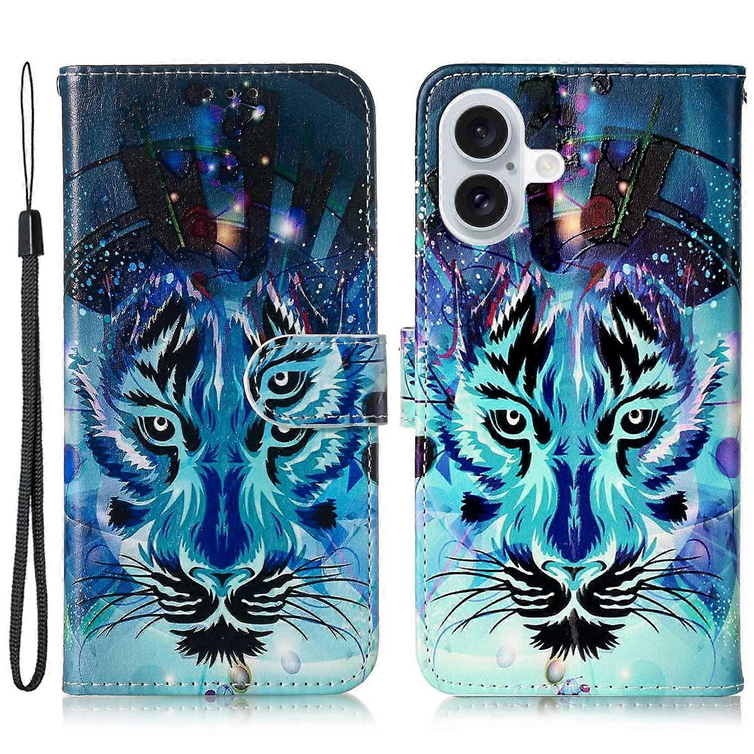 For iPhone 16 Plus Case Pattern Design Flip Leather Phone Cover with Strap