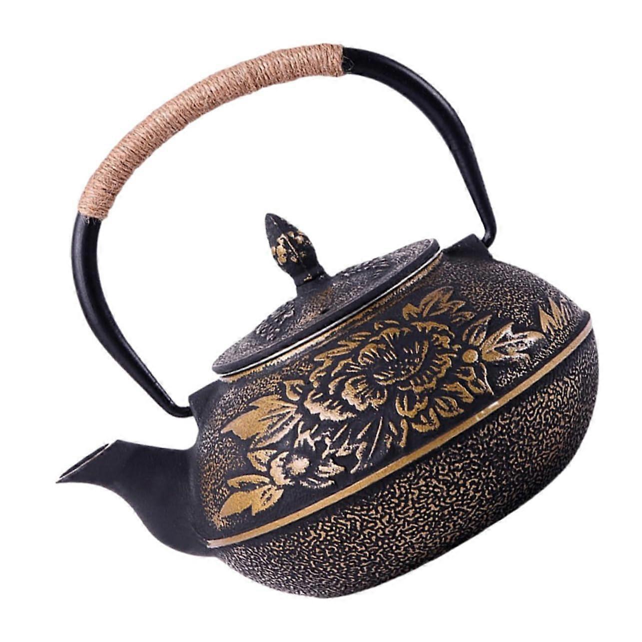 900ml Cast Iron Teapot with Elegant Peony Pattern, NoCoating Japanese Tea Kettle for Home Brewing