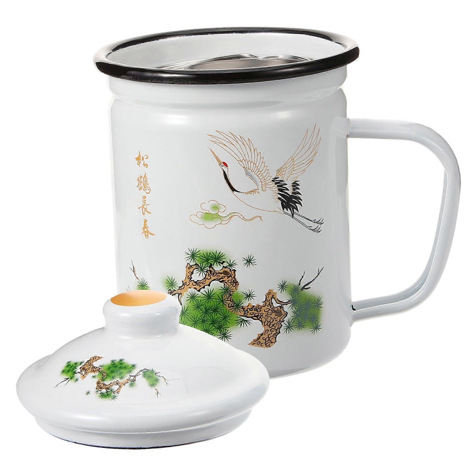 Enamel Tea Mug with Infuser and Lid, Vintage Crane Pattern Cup for Loose Leaf Brewing