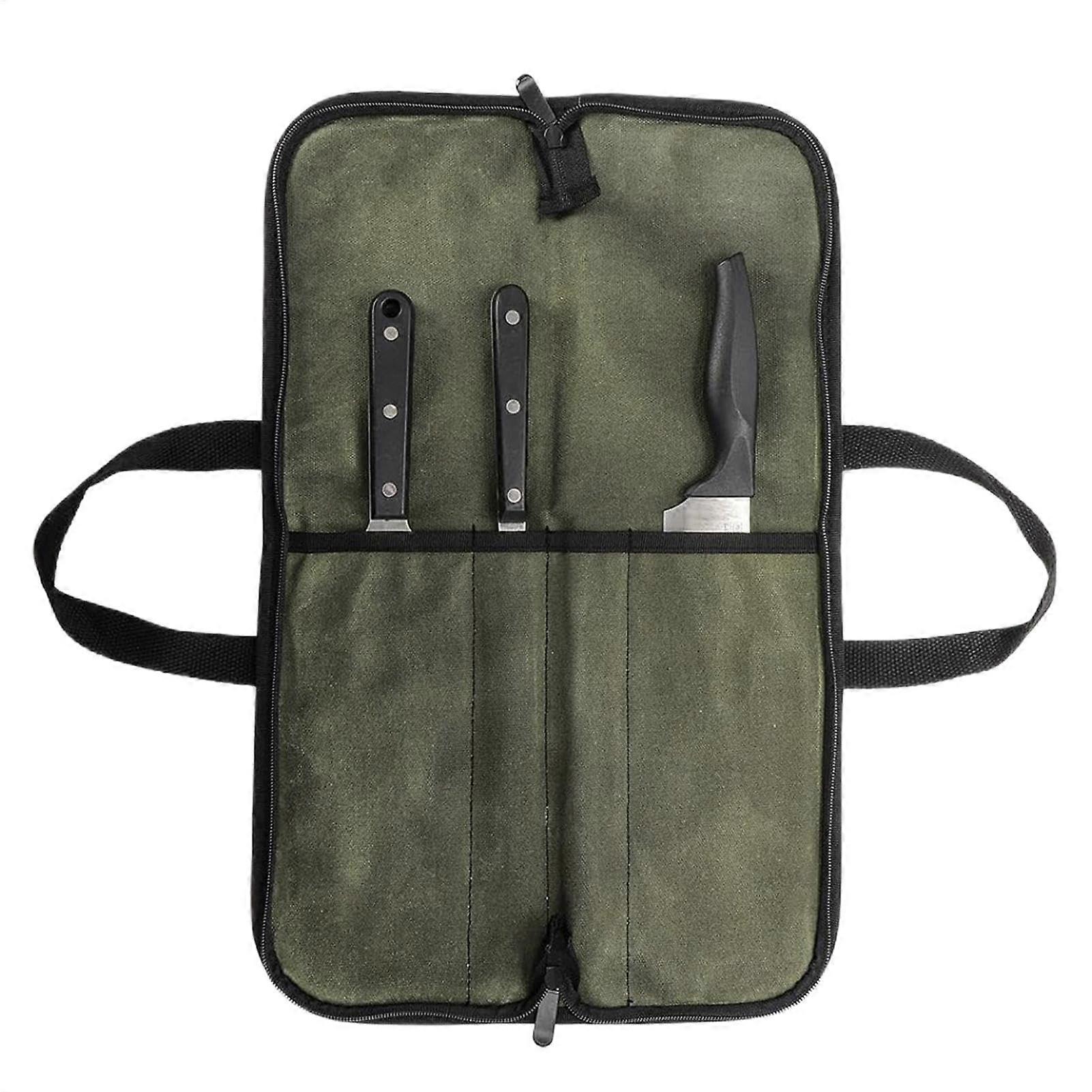Waxed Canvas Chef Knife Roll Bag with Handle, Secure Storage and Multiple Tool Slots for Kitchen