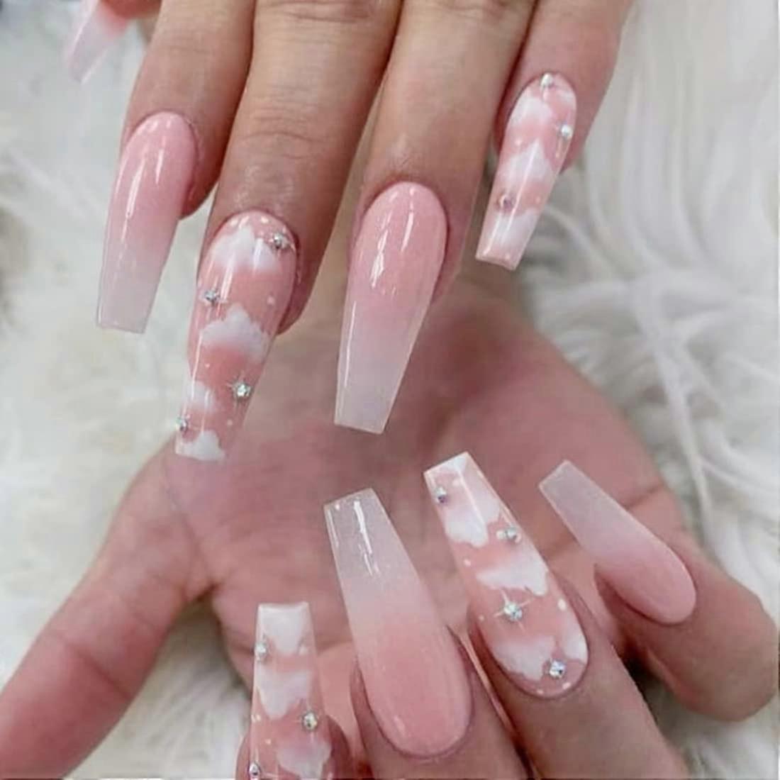 24pcs Pink Gradient Long Coffin Press On Nails with Rhinestones, Complete Application Kit