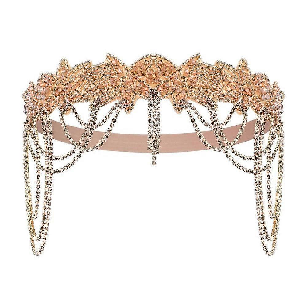 1920s Champagne Flapper Rhinestone Headpiece with Elegant Draping Chains  Gatsby Headband