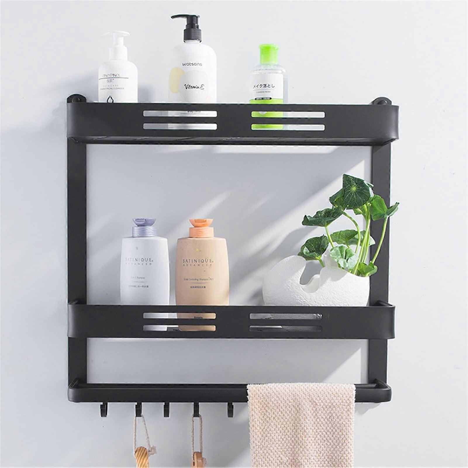 Bathroom Shelf Wall Mounted Space Aluminum Shower Caddy with Bar and Hook, 2 Layer Black