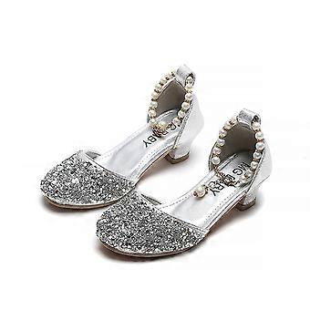Scarpe eleganti da bambina, principessa, con tacco alto e cristalli, punta chiusa, per feste, matrimoni e damigelle d'onore, colore argento, per bambine di 7-8 anni.