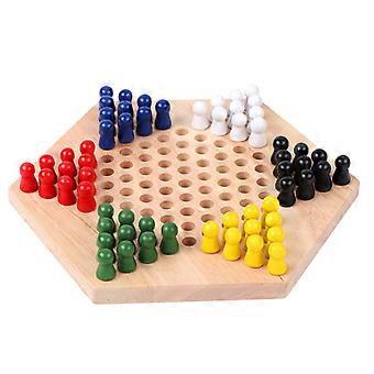 Jogo de Damas Hexagonais com 60 Bolinhas de Gude de Madeira Multicoloridas (23x20x2,5cm) para Sala de Aula ou Casa
