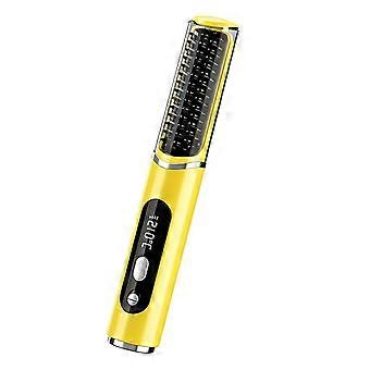 Anti-Scald Portable Hair Straightening Brush Rechargeable Hot Brush with Display for Frizz Control and Hair Ends  Yellow